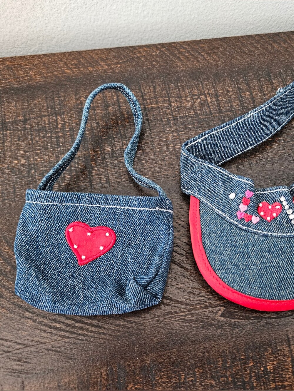 Build A Bear Sequin Rhinestone Heart Denim Visor W/ Matching Handmade Purse